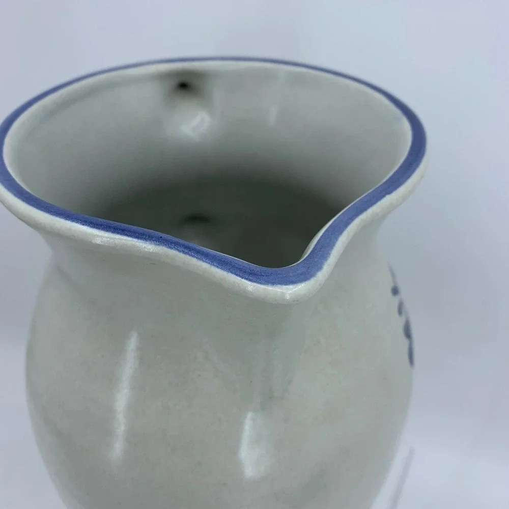 Blue Floral Stoneware Pitcher Country Cottage Folk Art Jug 9